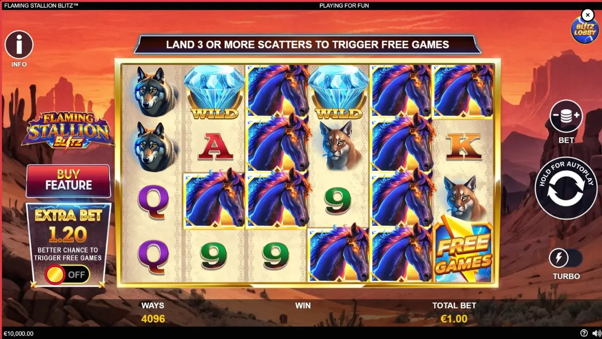 Tampilan layar ponsel menampilkan Flaming Stallion Blitz dengan latar belakang gurun yang berapi-api.