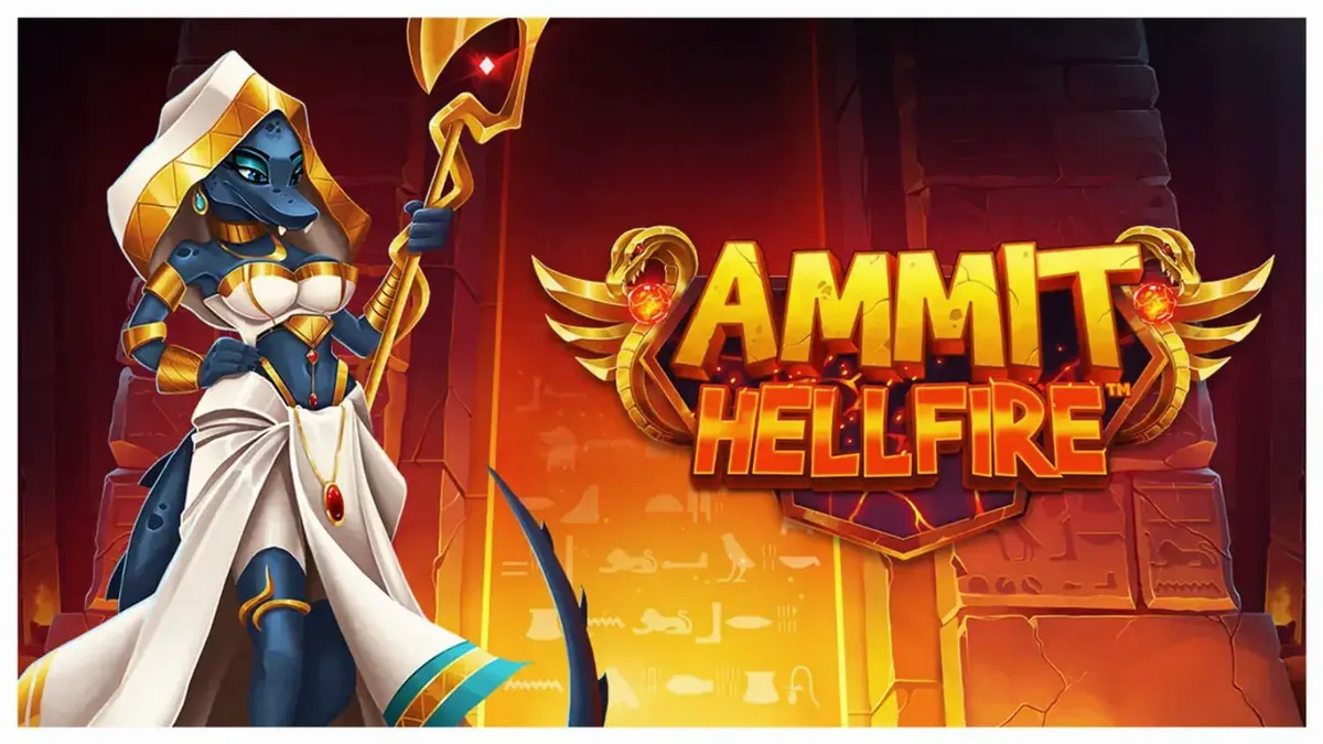 Tampilan visual slot Ammit Hellfire dengan karakter Dewi Ammit dan gulungan permainan