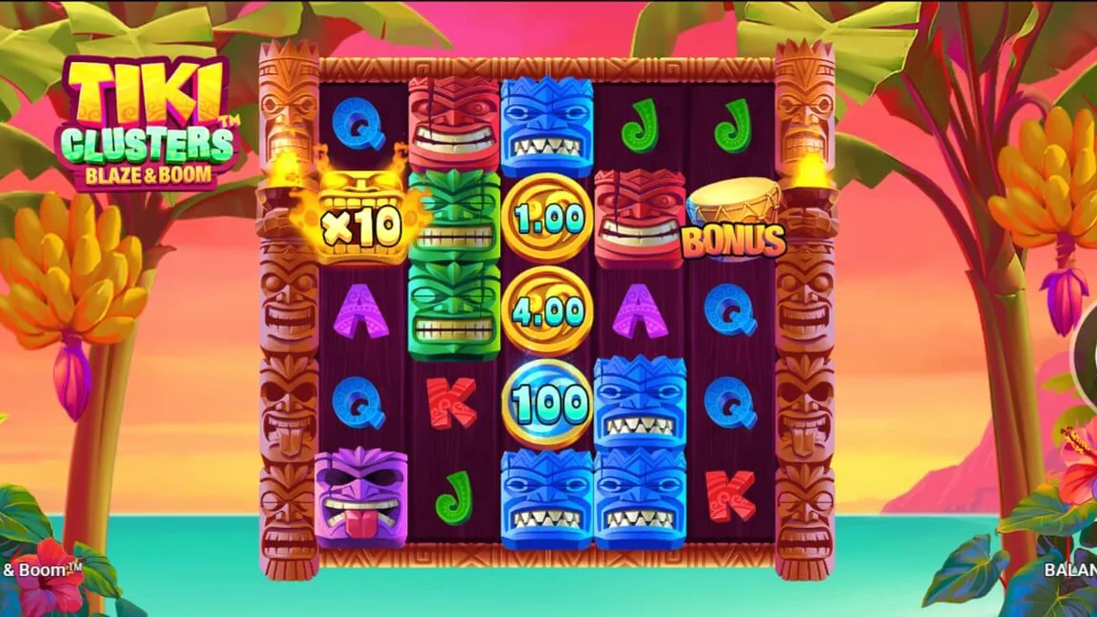 Tampilan visual slot Tiki Clusters Blaze & Boom dengan latar belakang pulau tropis dan simbol Tiki.